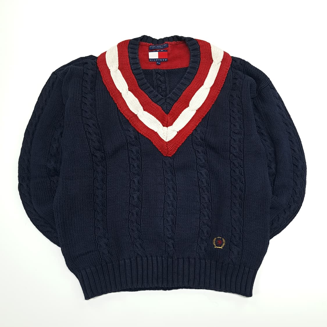 CN974 M 타미힐피거 다크네이비 크리켓 V넥 케이블 니트 스웨터 상품이미지1