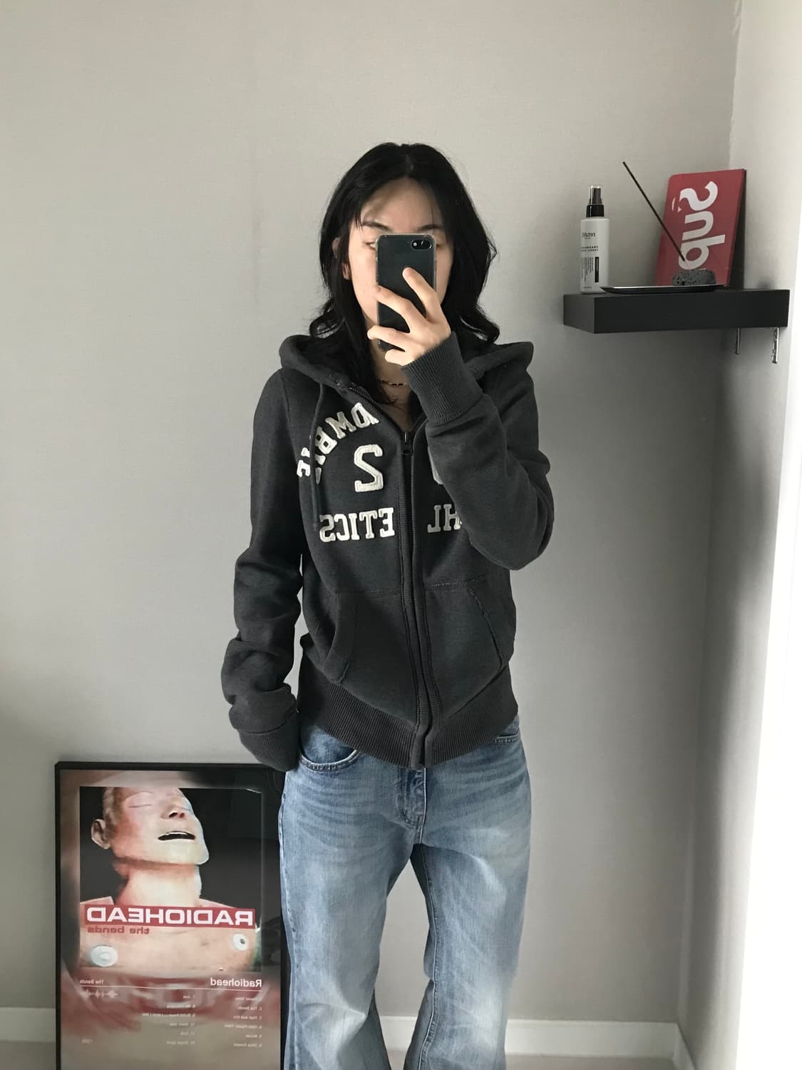 아베크롬비 중앙 자수 로고 차콜 후드집업 상품이미지1