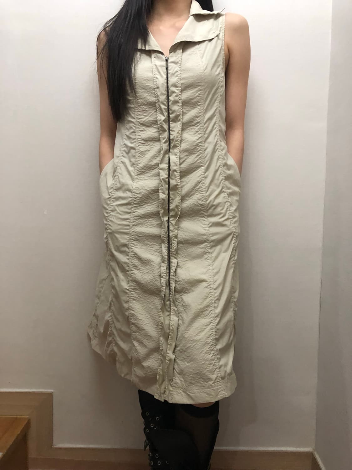 빈티지 베이지 셔링 롱 원피스 상품이미지3