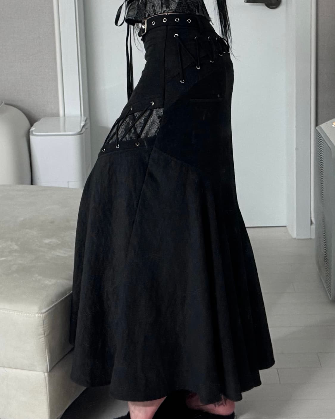 ༒ Eyelet Stitching Strap Pleated Skirt 상품이미지2