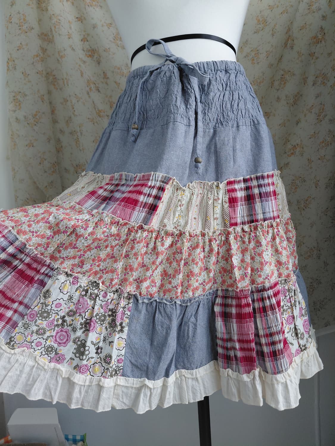 [일본빈티지] 패치워크 플라워 캉캉 미디 스커트 상품이미지1