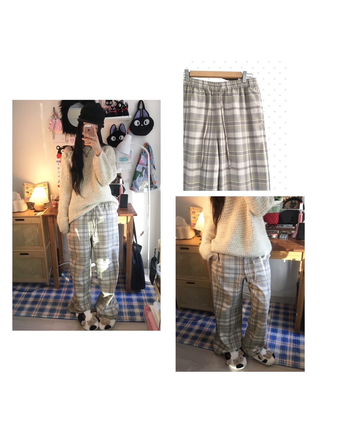 vintage check wide pants soft beige 상품이미지1