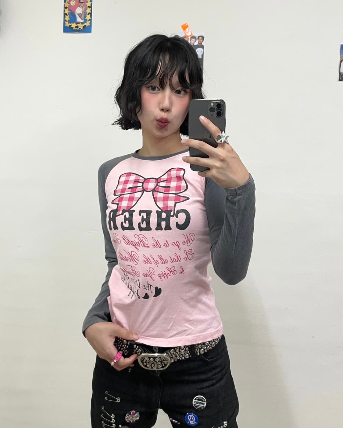 CHEER Checkered Ribbon Lovely Long-Sleev 상품이미지1