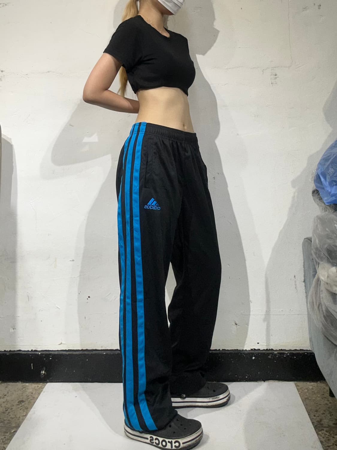 아디다스 블랙 와이드 블루 삼선 트레이닝 팬츠 M 상품이미지1