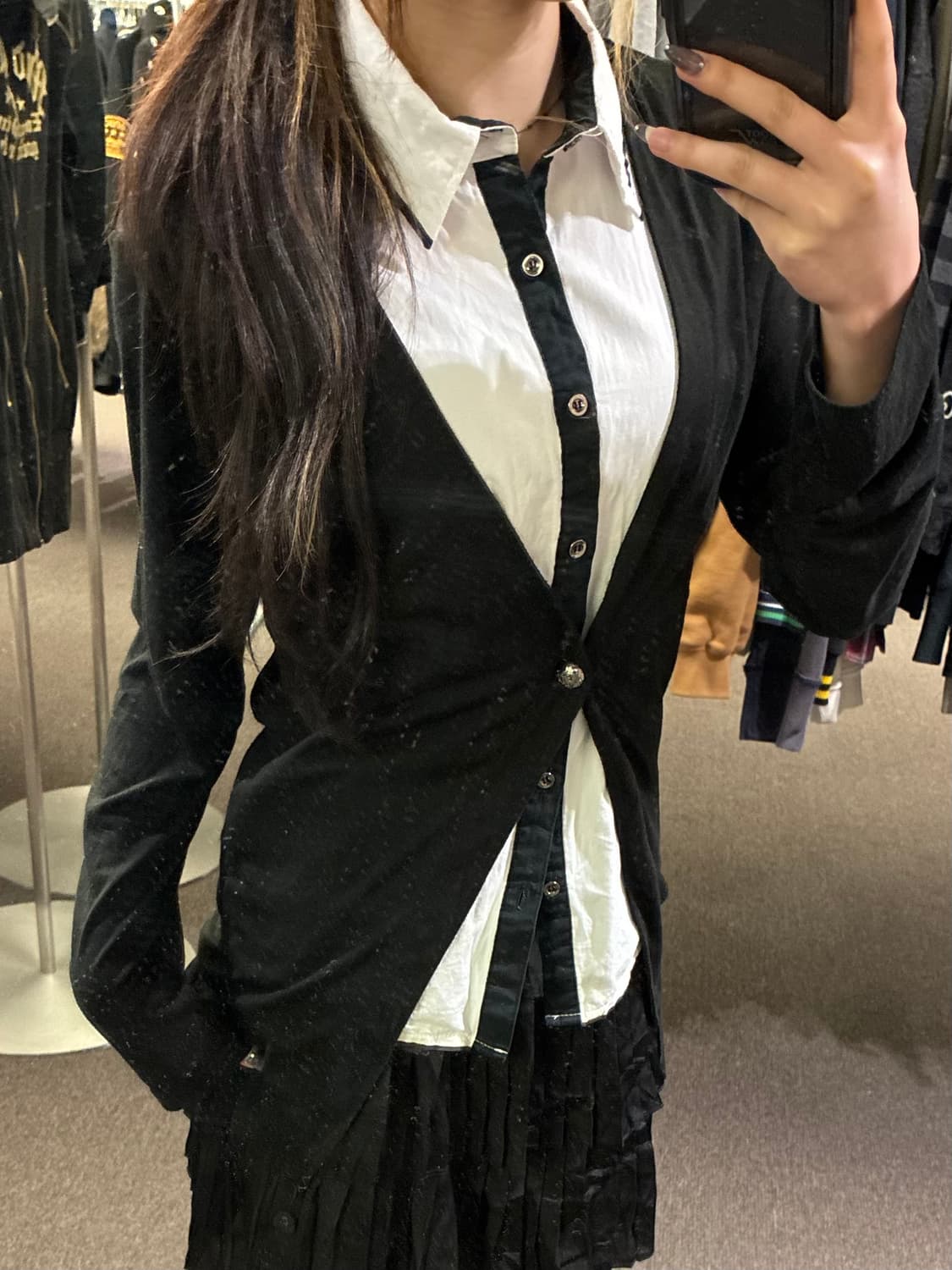 M)Japanese vintage 여성 화이트/블랙 가디건 레이어드 셔츠 상품이미지1