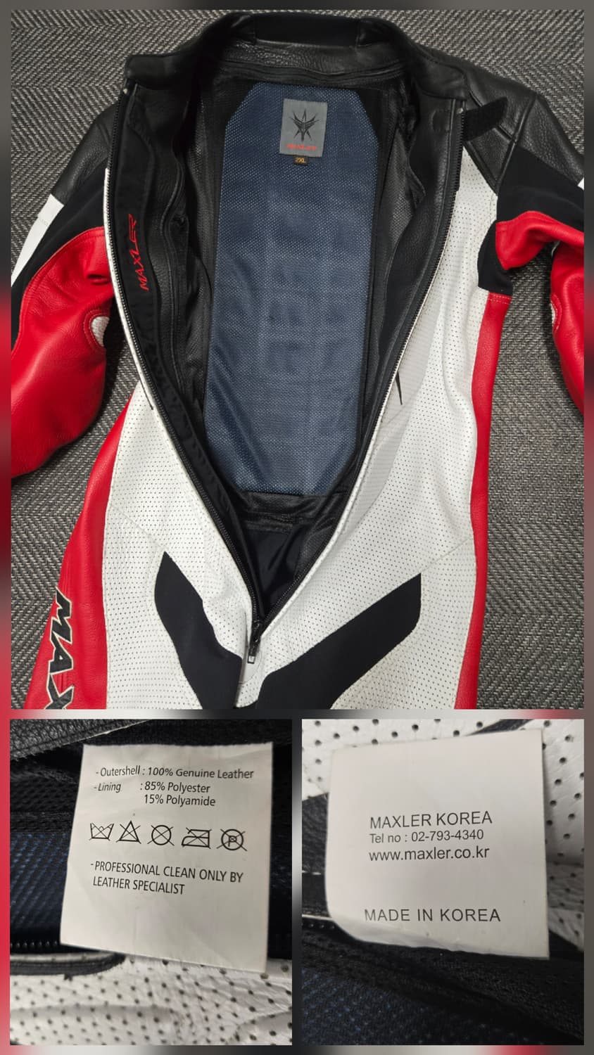 맥슬러 MAXLER 레이싱 가죽 슈트 블랙/화이트/레드 2XL 상품이미지7