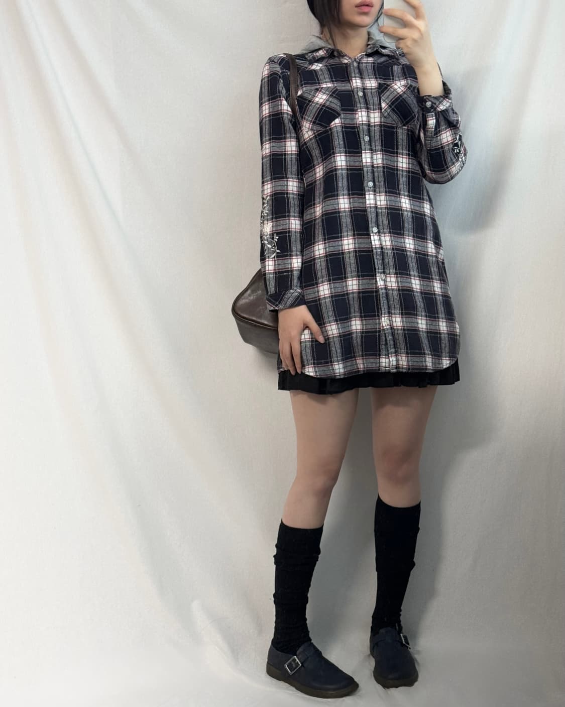 플라워 자수 슬리브 후드 셔츠 원피스 상품이미지3