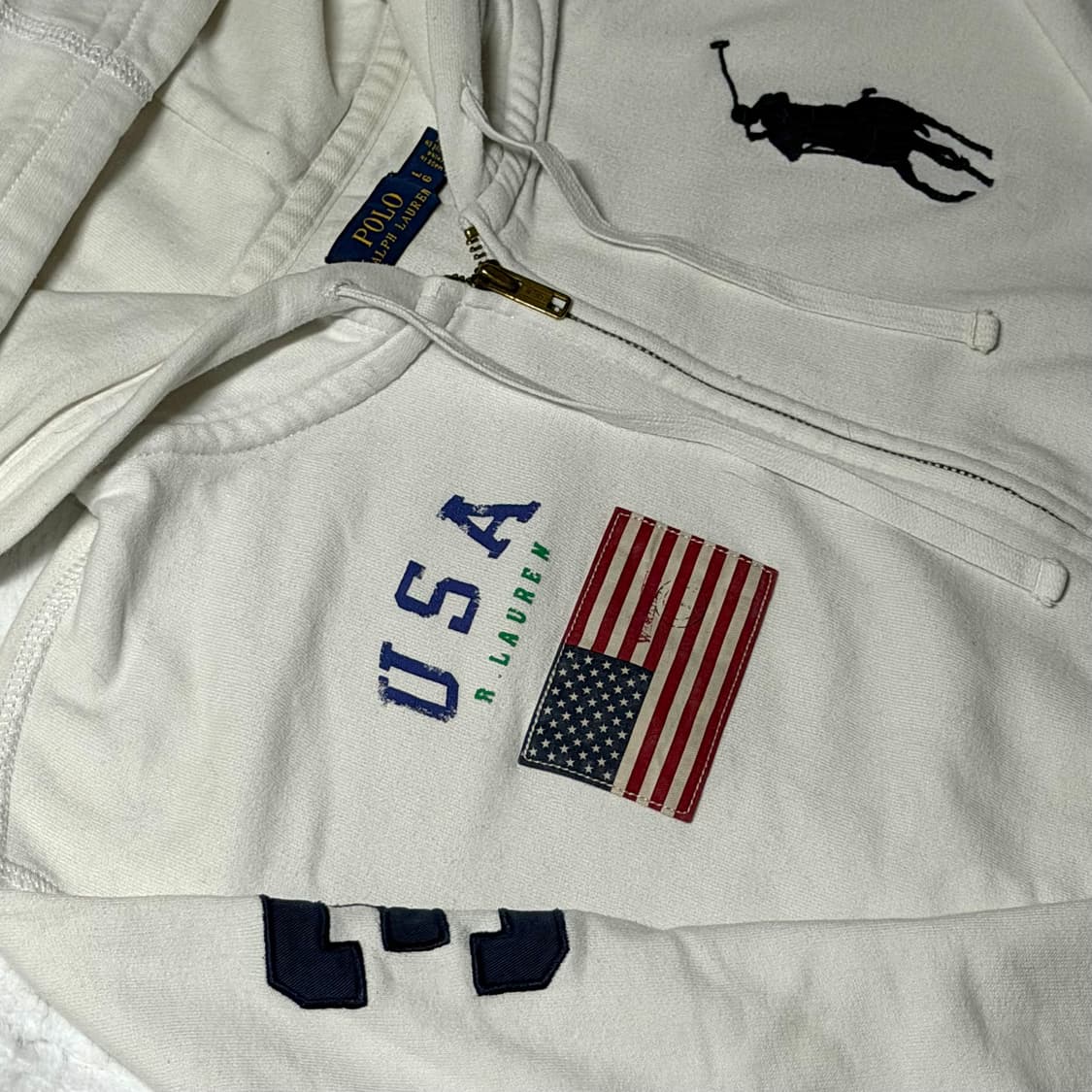 폴로 빅포니 성조기 화이트 후드집업 L 실사M 상품이미지2