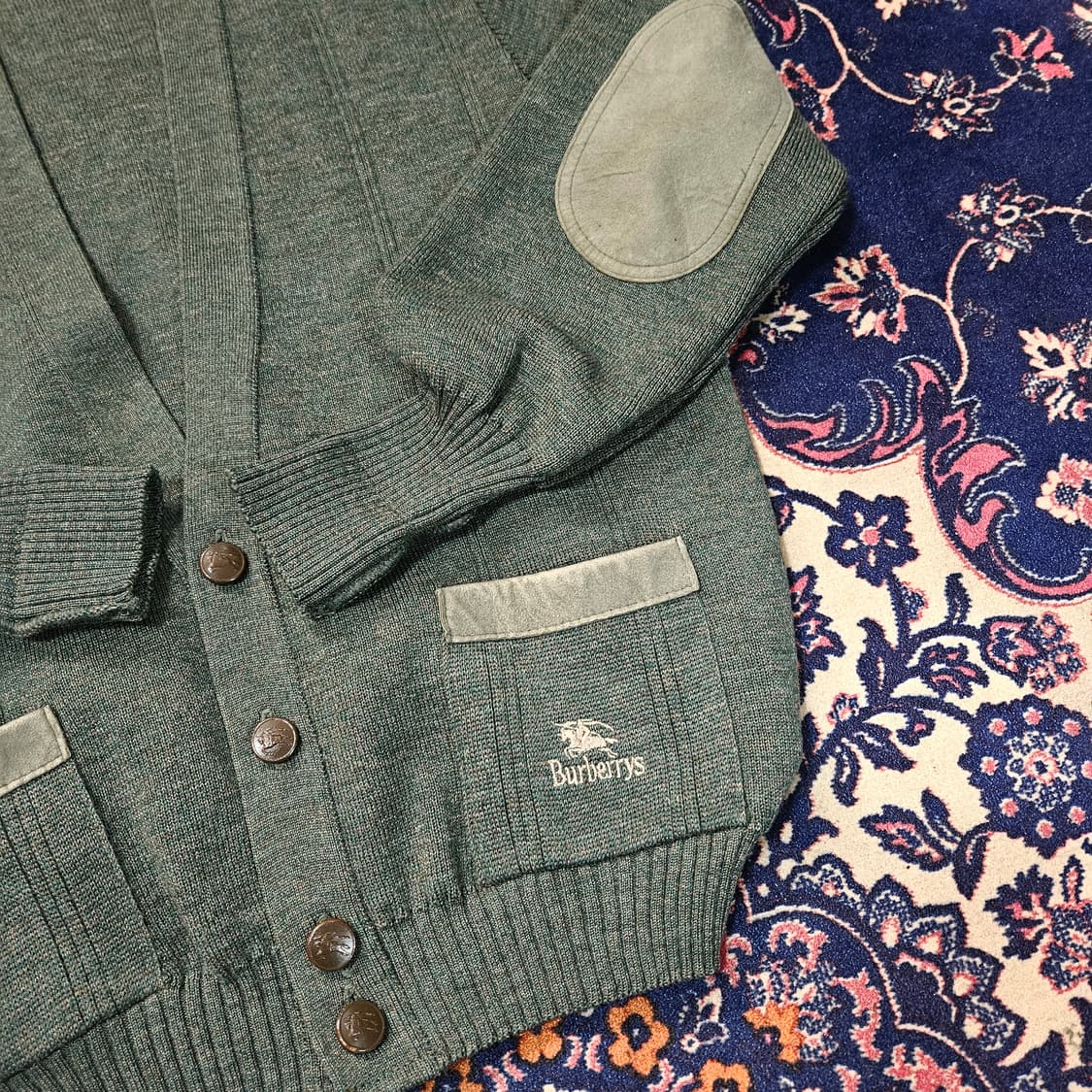 버버리 80's 코만도 울 카키 가죽 패치 블럭 가디건 자켓  상품이미지2