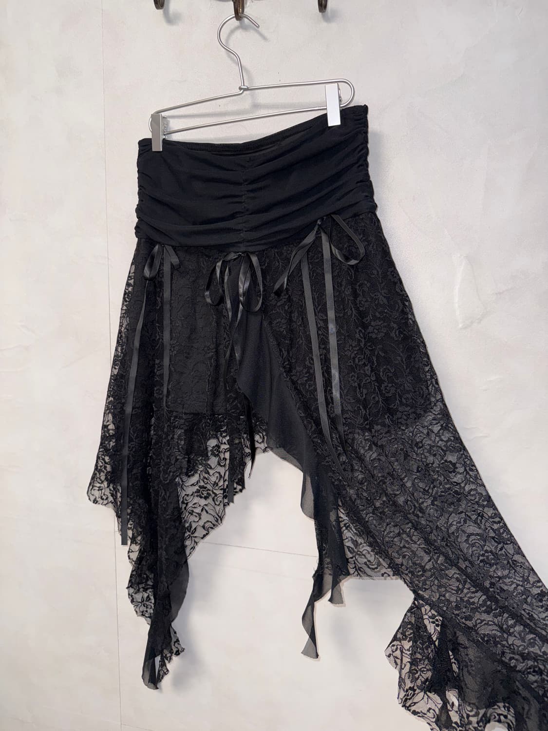 Black floral lace shirring ribbon skirt 상품이미지3