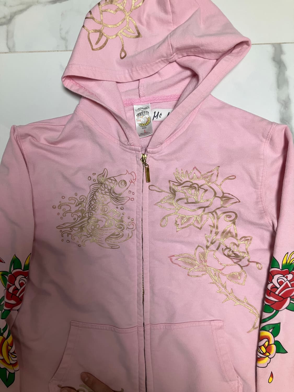 Y2K 에드 하디 (희귀) 라인스톤 스와로브스키 핑크 후드 집업  상품이미지2