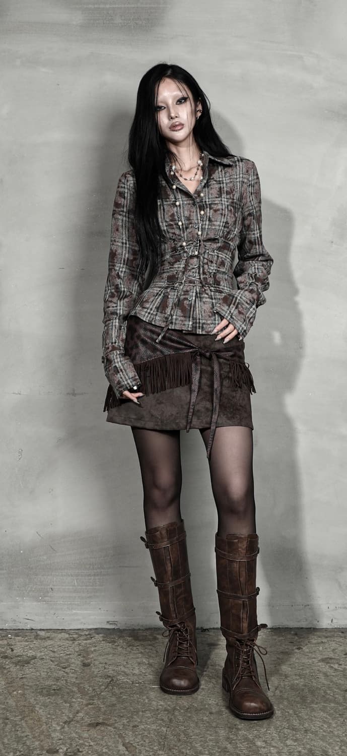 달링유어배드 체크 코르셋 셔츠 빈티지 브라운  상품이미지2