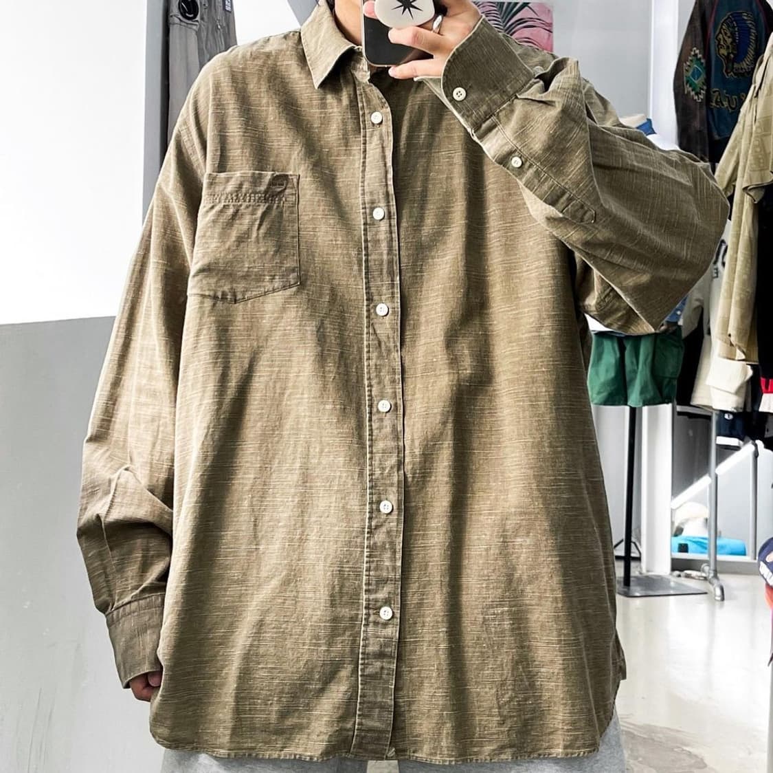 팀버랜드 카키 베이지 오버사이즈 리넨 셔츠 상품이미지1