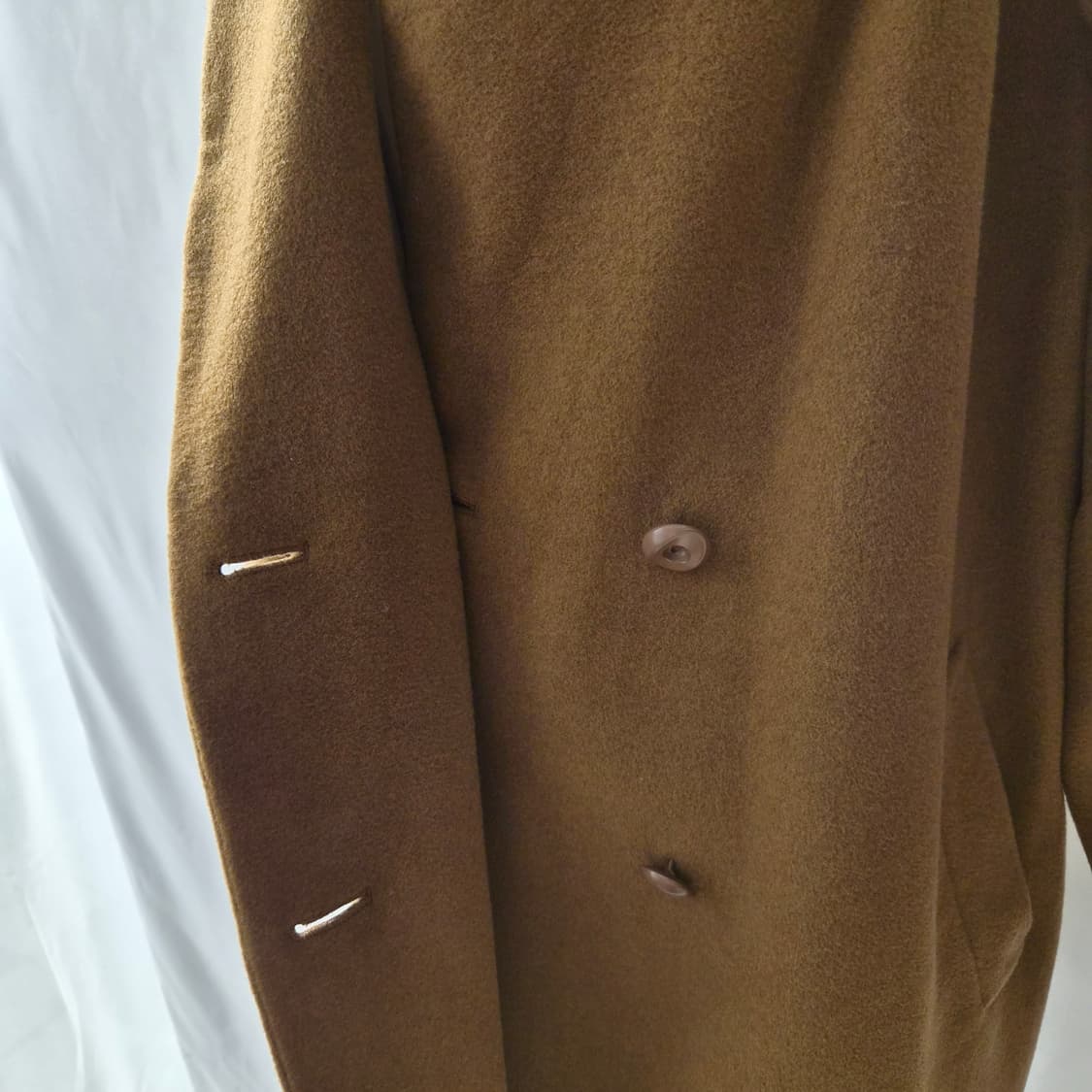 SANYO Carat 울100% 카멜 더블 노카라 코트 상품이미지7