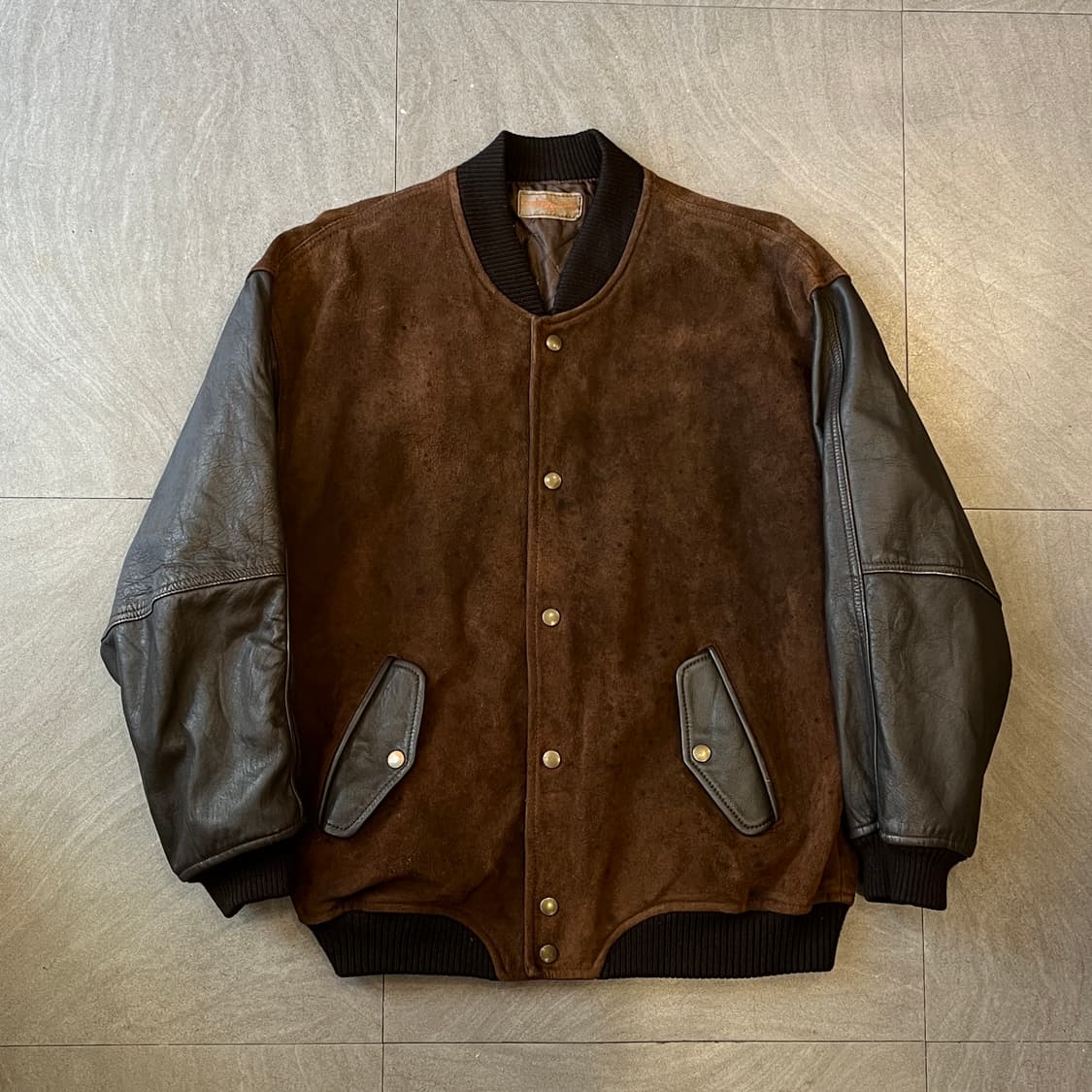 빈티지 브라운 스웨이드 레더 바시티 자켓 상품이미지1