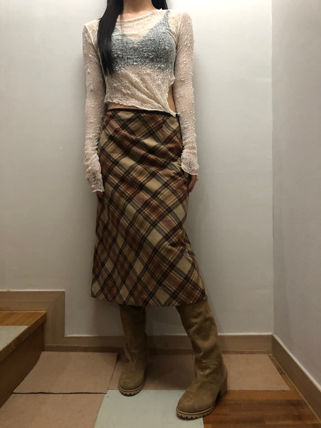 빈티지 브라운 울 체크 스커트 상품이미지3