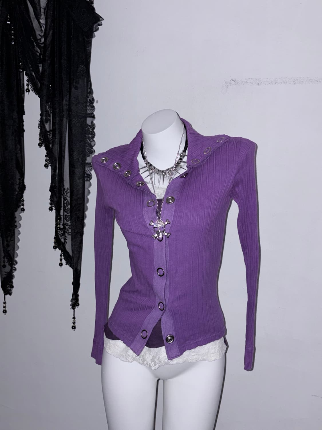 00s 빅 아일렛 버튼 퍼플 딱붙 골지 탑 상품이미지3