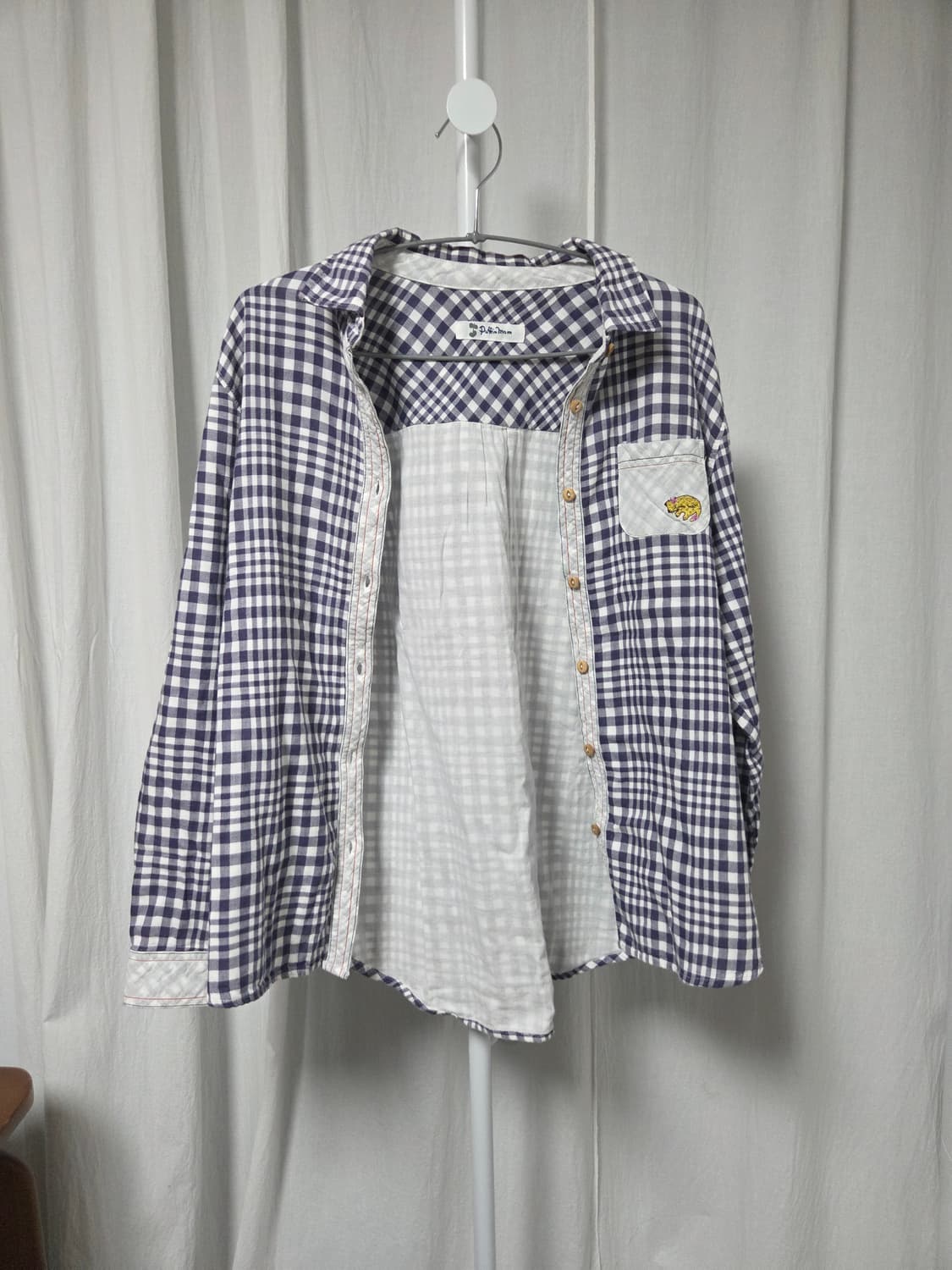 거즈 코튼 고양이 자수 깅엄체크 셔츠 상품이미지6