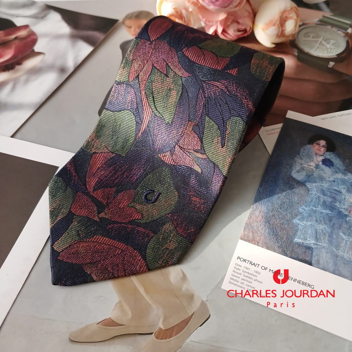 샤를 주르당 실크 다크그린 플로럴 넥타이 9.6cm A등급 A19292
 상품이미지2