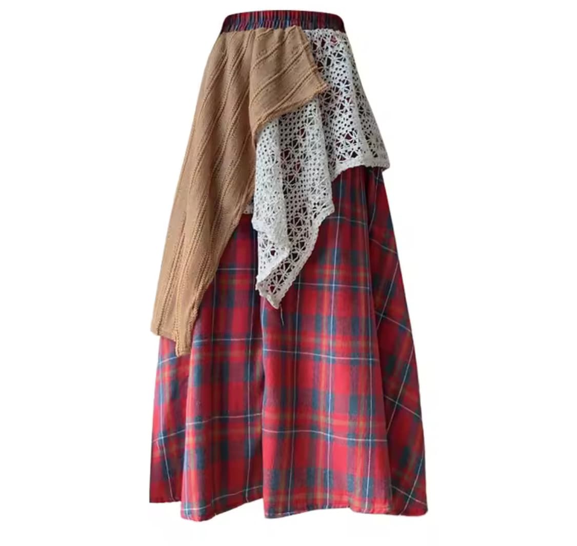 레드 체크 롱 스커트 + 레이스 패치 상품이미지1