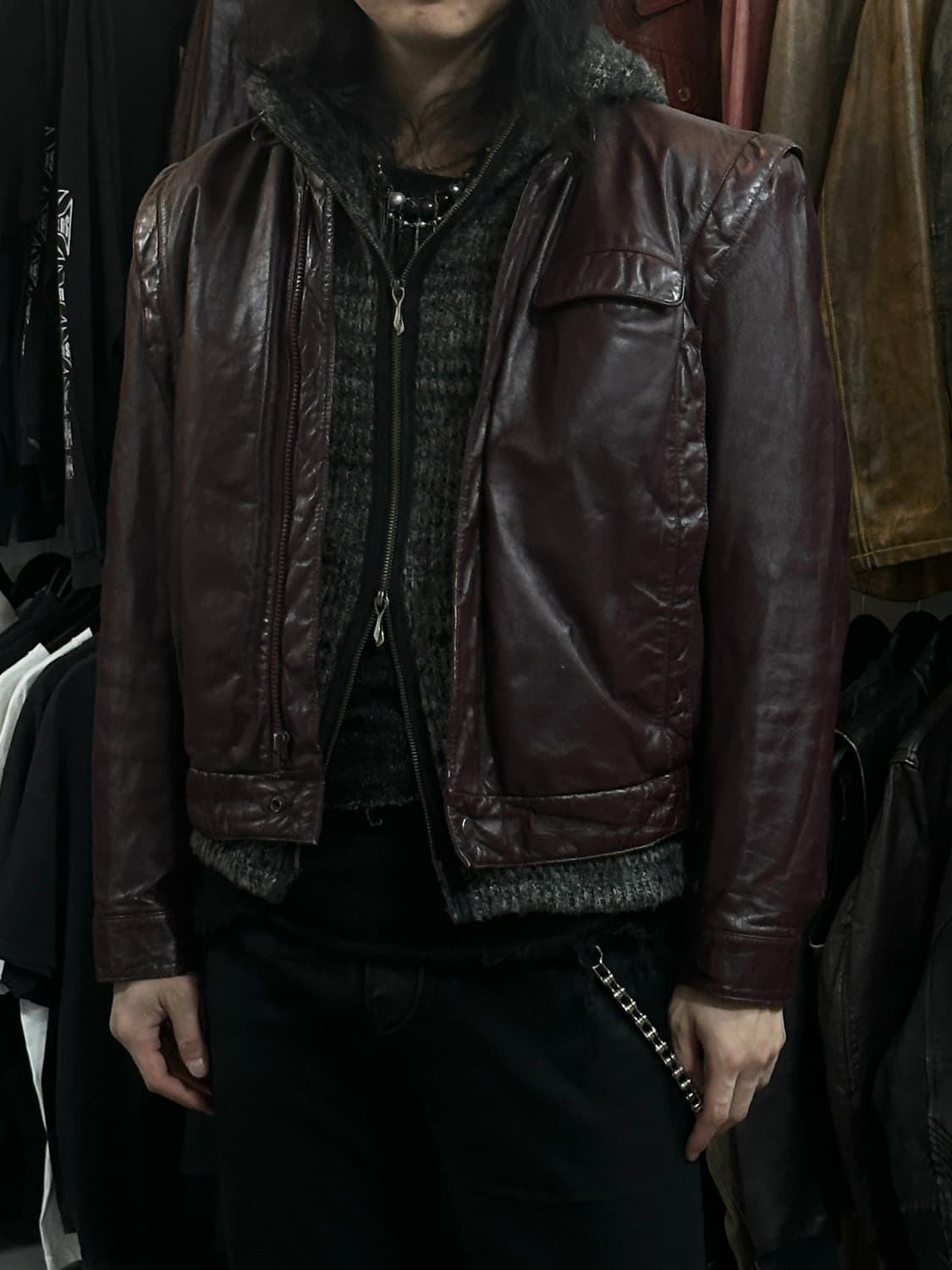 80's 빈티지 버건디 레더 크롭 자켓 빈티지 가죽자켓 상품이미지9
