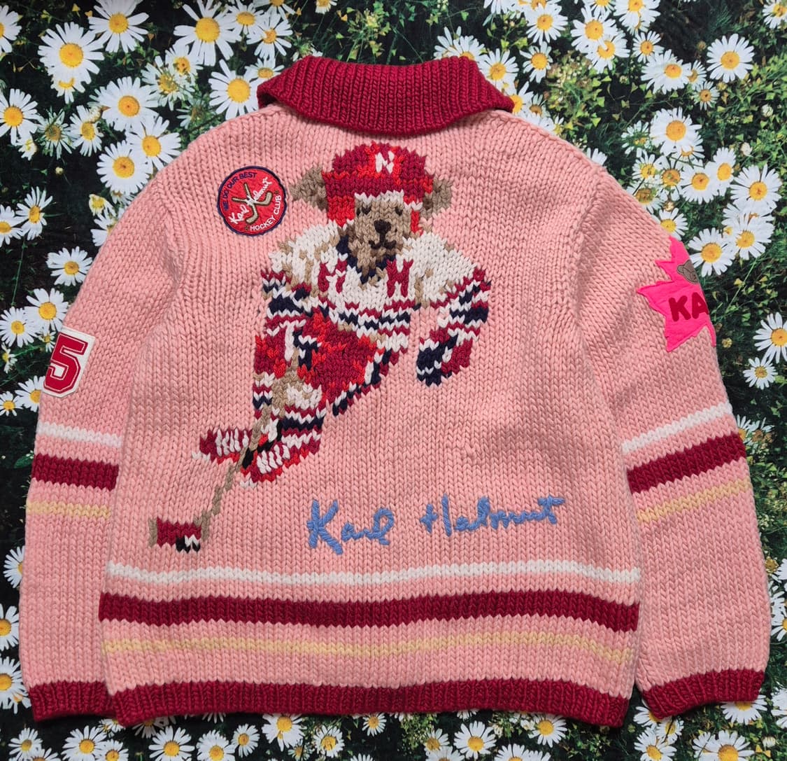 KARL HELMUT 칼헬무트 핑크 하키 곰돌이 니트 가디건 성인M 상품이미지1