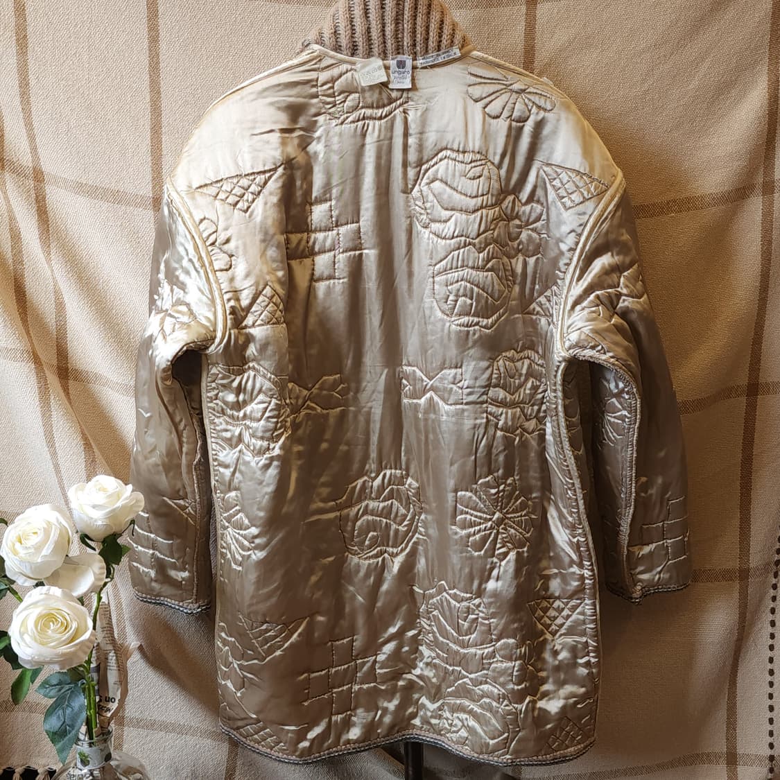 90s 웅가로 인디핑크 로즈 패턴 오버사이즈 숄카라 니트 자켓 L 상품이미지4