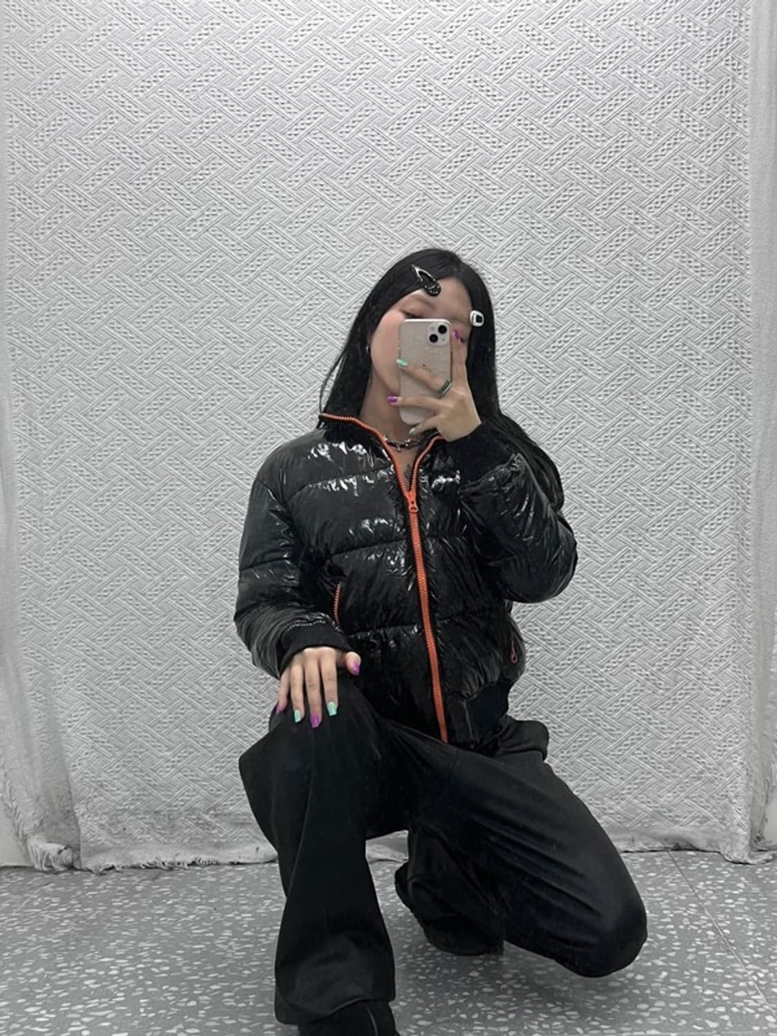 갭 Y2K 유니크 유광 오렌지블랙 패딩 S C07013 상품이미지2