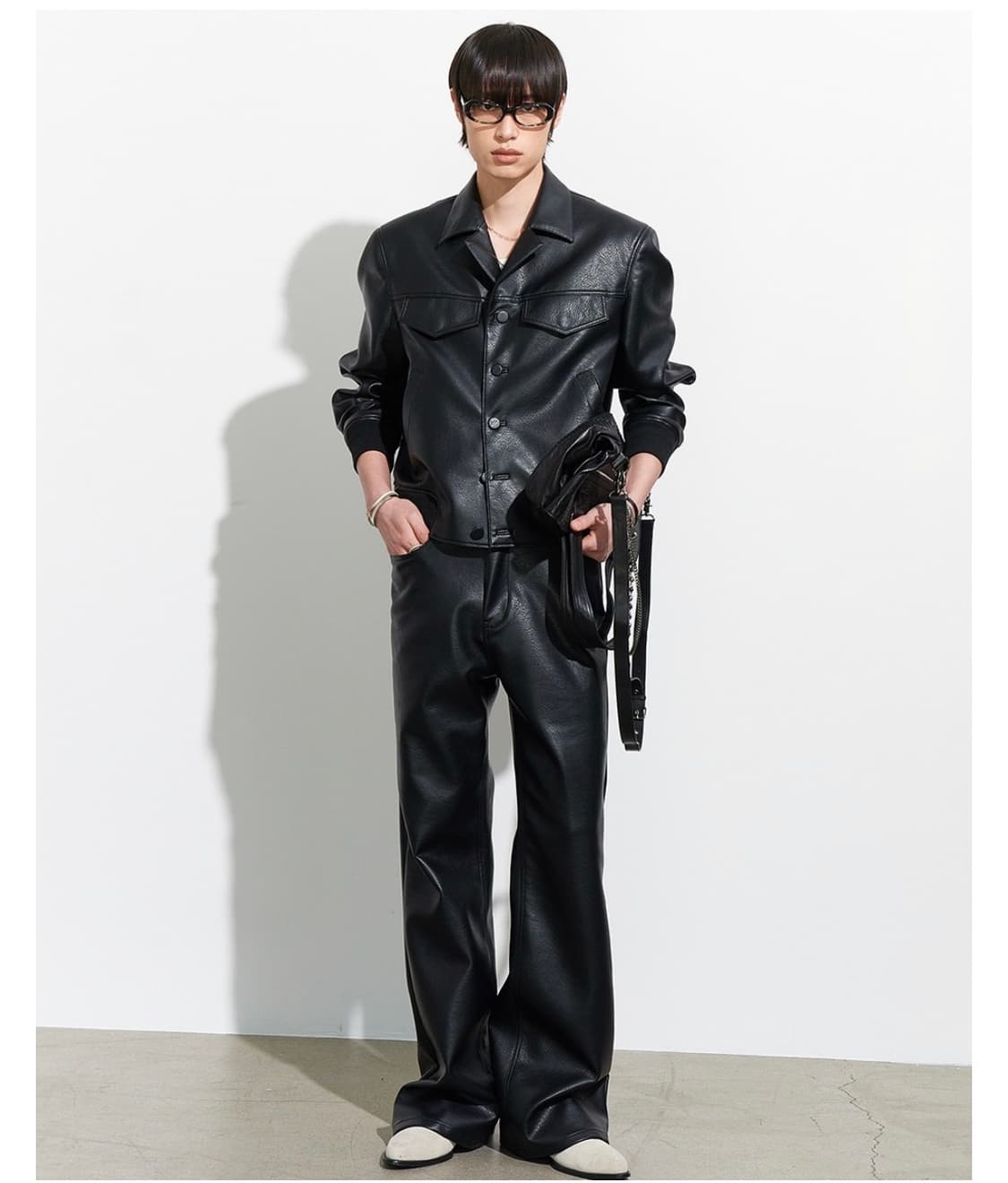 알렌느 폭스 레더 오픈 카라 블루종 블랙 2사이즈 상품이미지1