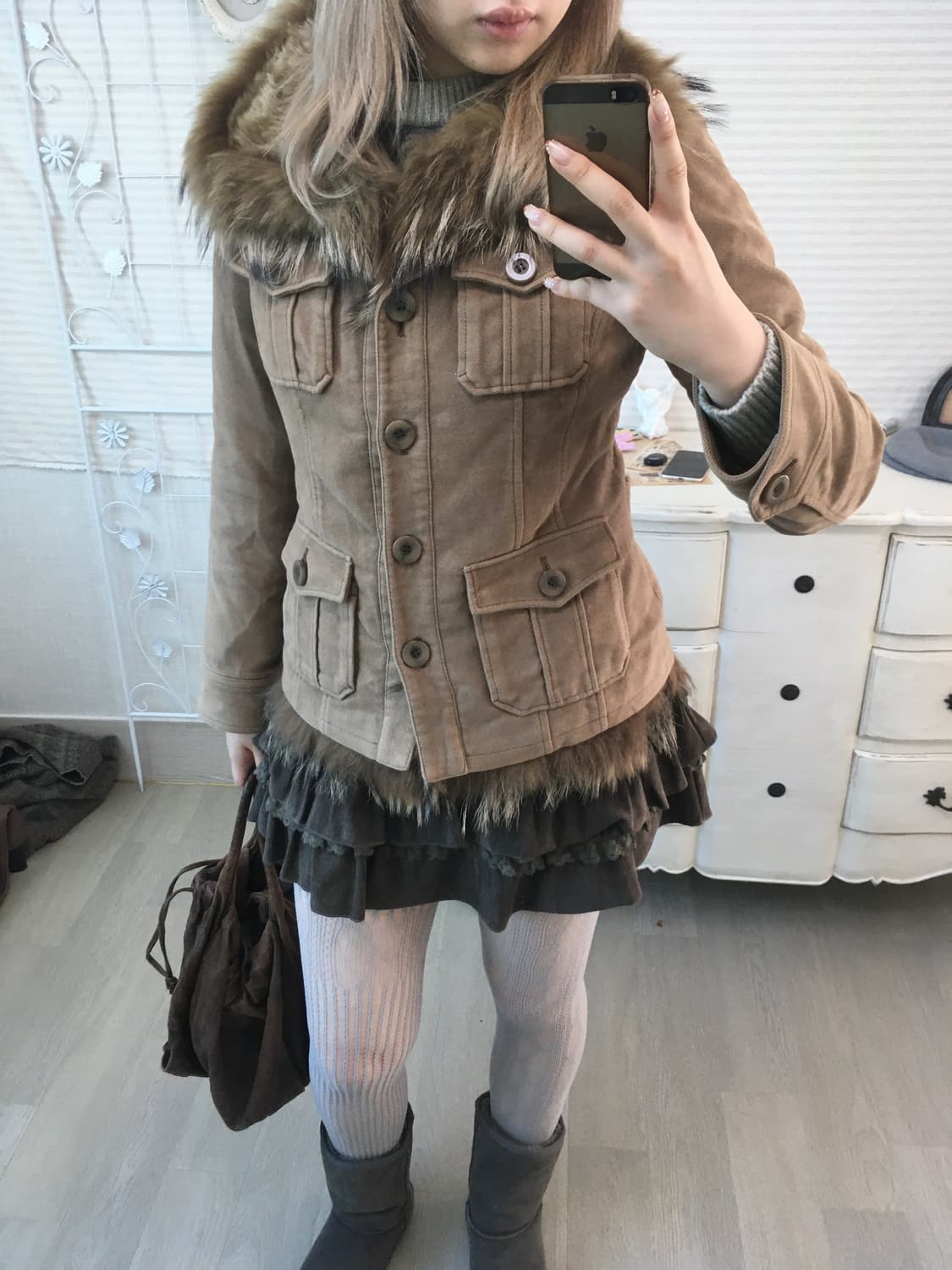 Vintage camel brown fur trimming jumper 상품이미지7