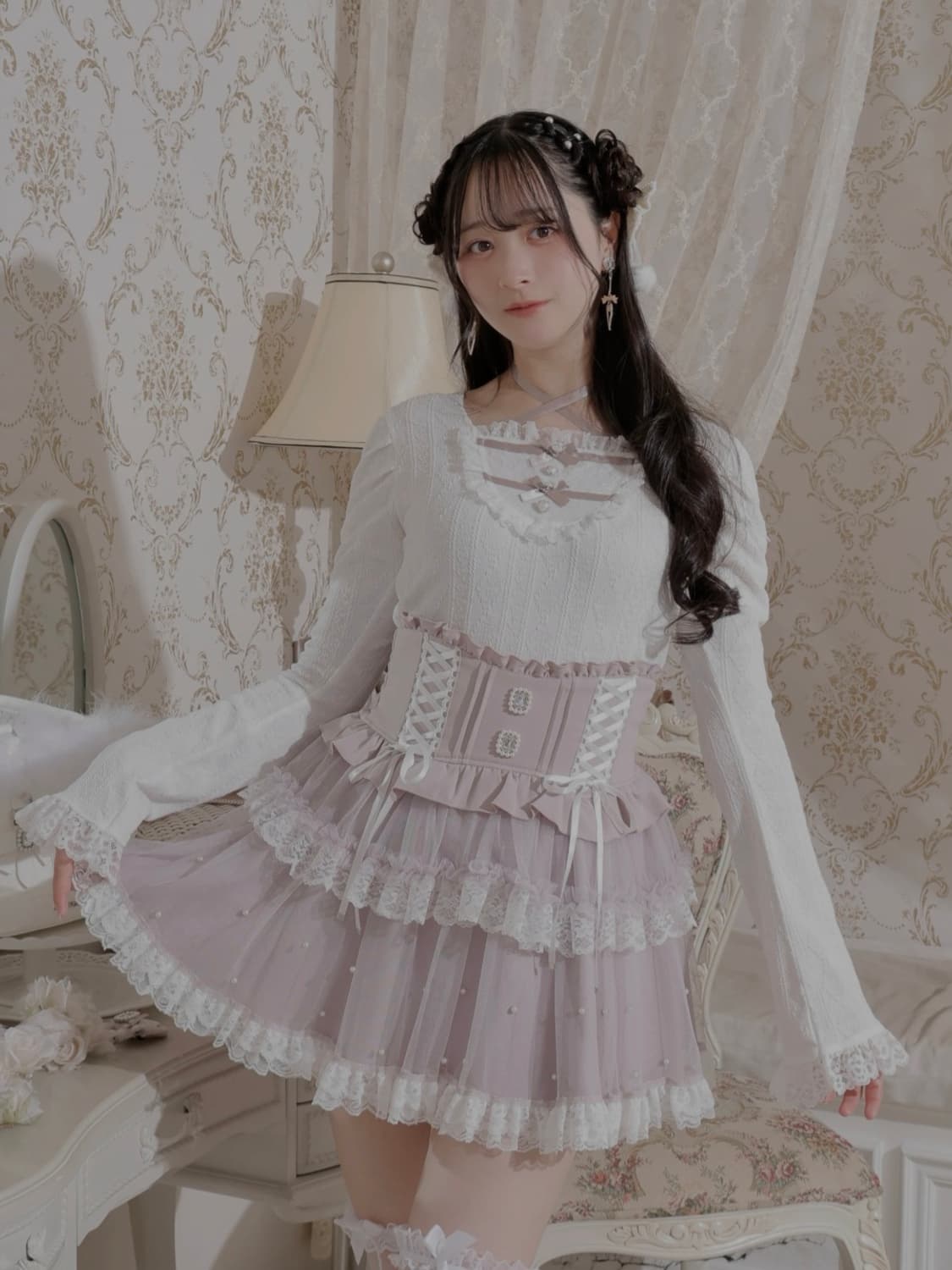 NOÉMIE 아가씨 백 레이스 업 플레어 슬리브 컷 탑 상품이미지2