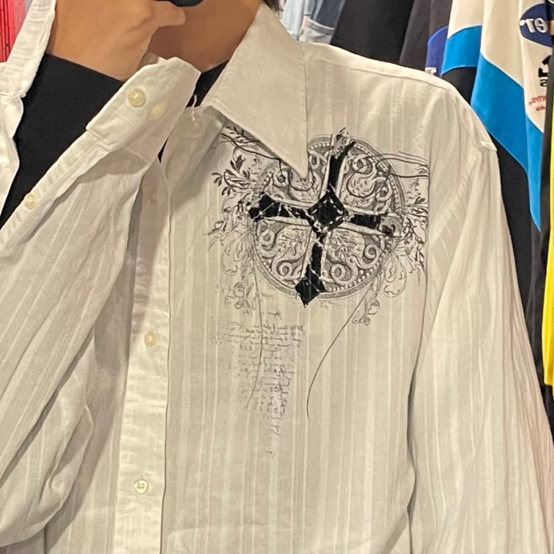 [IM] vtg 웨스턴 벨벳 프린팅 화이트 셔츠 상품이미지5