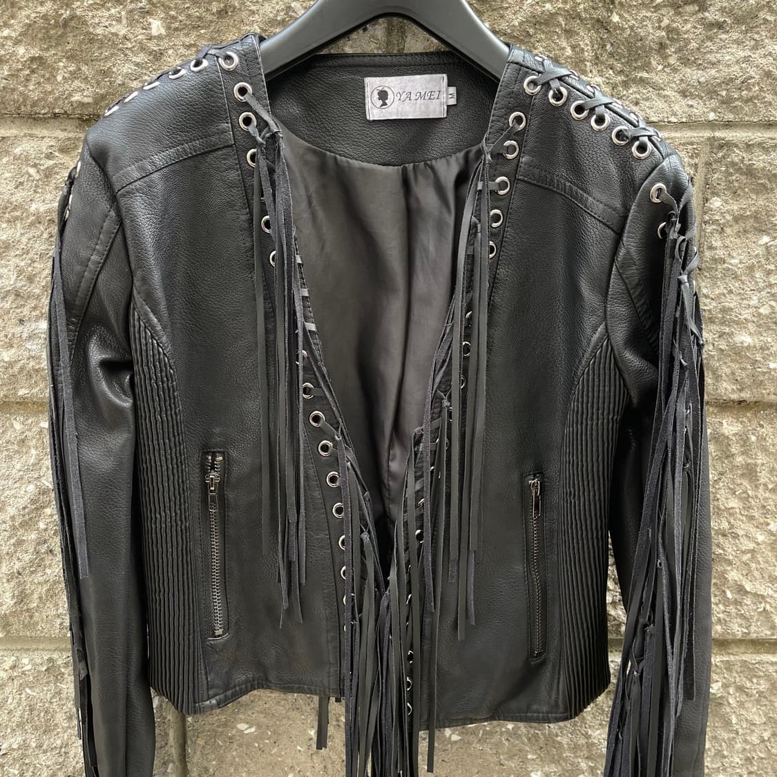[M] YAMEI  레이스업 디테일 프린지 여성 레더 자켓 상품이미지3