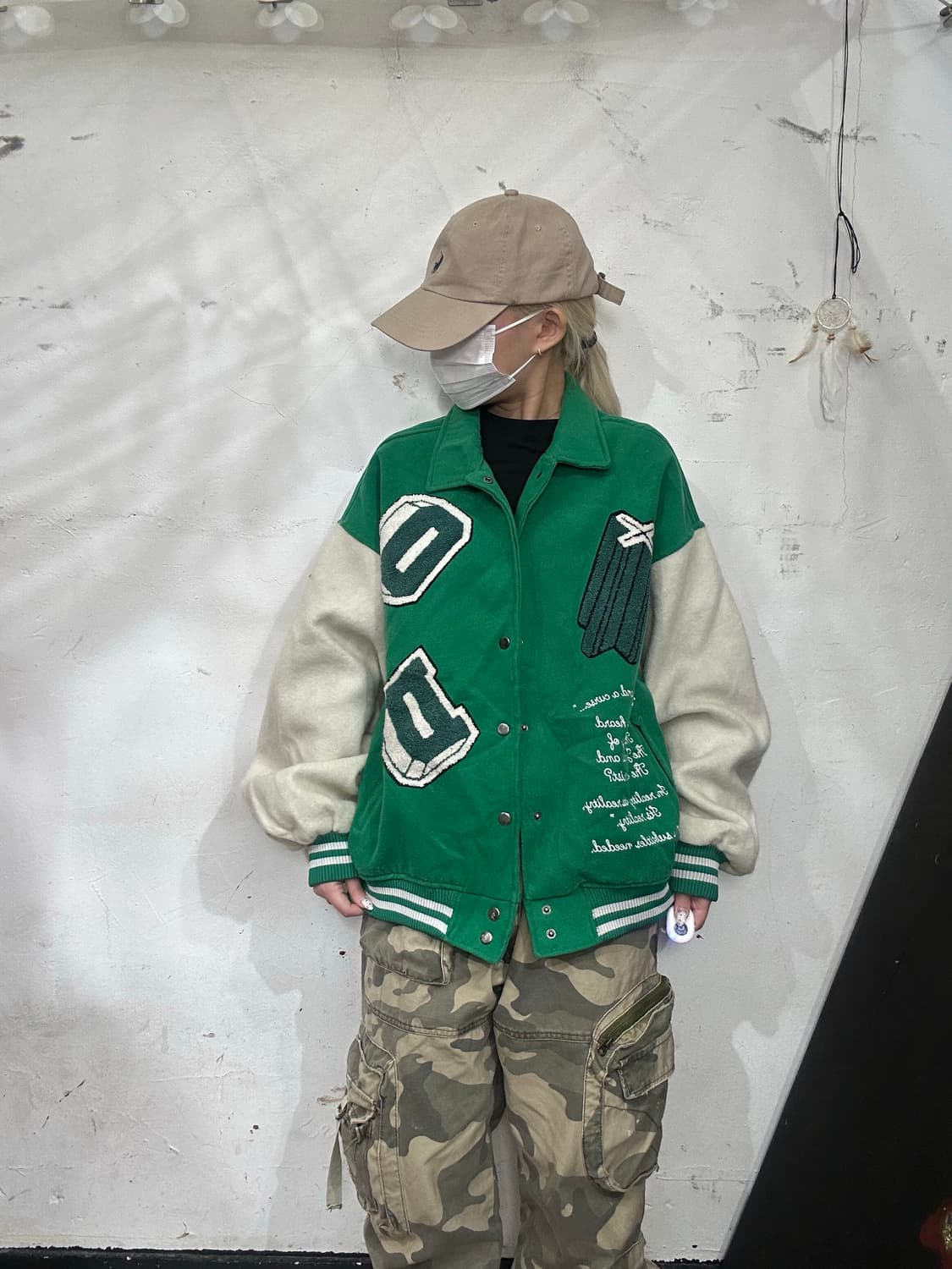 빈티지 그린 자수 올드스쿨 바시티 가죽 점퍼 오버핏 잠바 L 상품이미지2