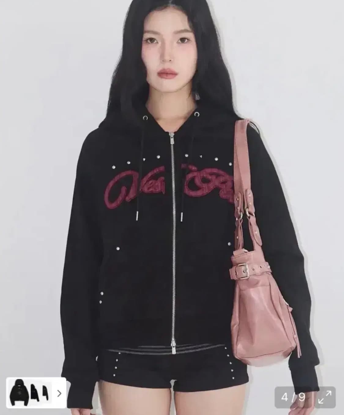 일리고 체크 아플리케 후드 집업 블랙 s 상품이미지1