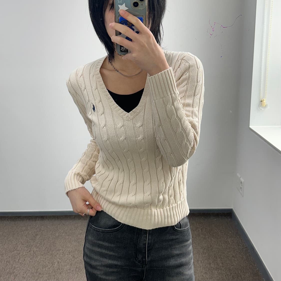 Polo 폴로 네이비포니 아이보리 케이블 브이넥 니트 상품이미지1