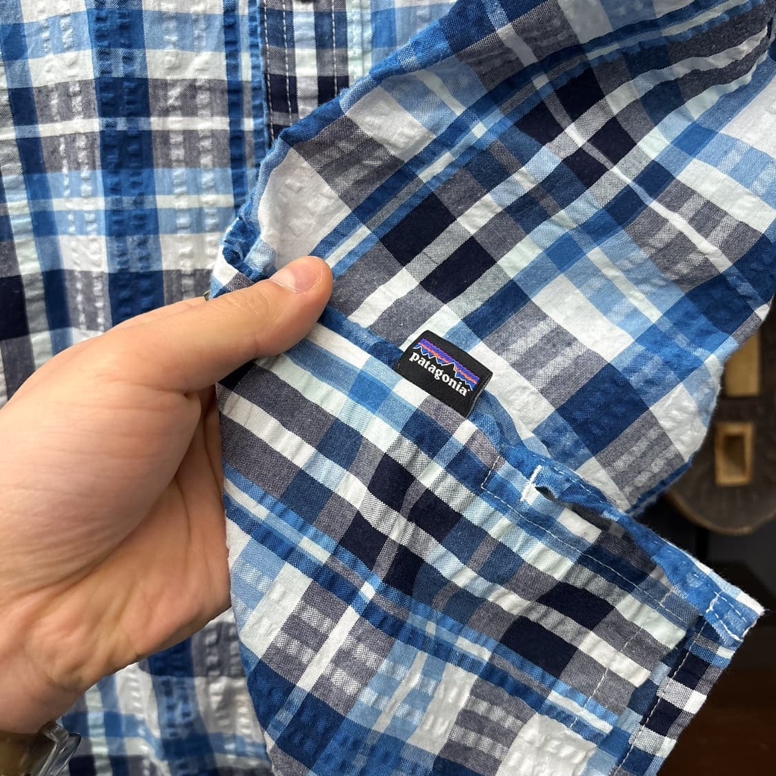 파타고니아 멀티 블루타탄 체크 시어서커 반팔셔츠 N1250 상품이미지7