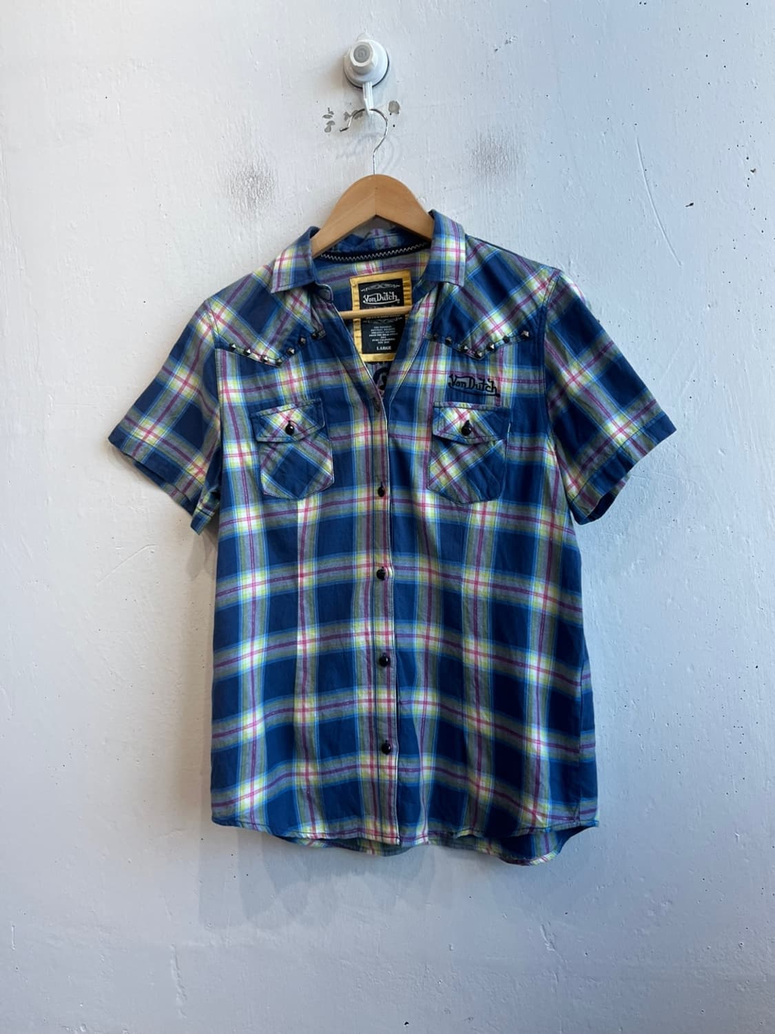 본더치 오픈카라 스터드 체크 반팔 셔츠 상품이미지1