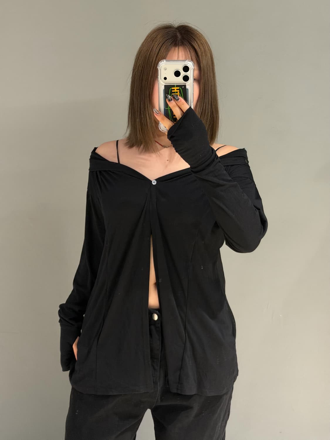 mesh layered hand-warmer hood cardigan 상품이미지3