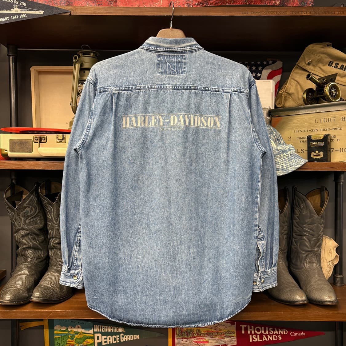 90s 할리데이비슨 백프린팅 이글스 버튼다운 데님셔츠 패치포켓 N719 상품이미지2