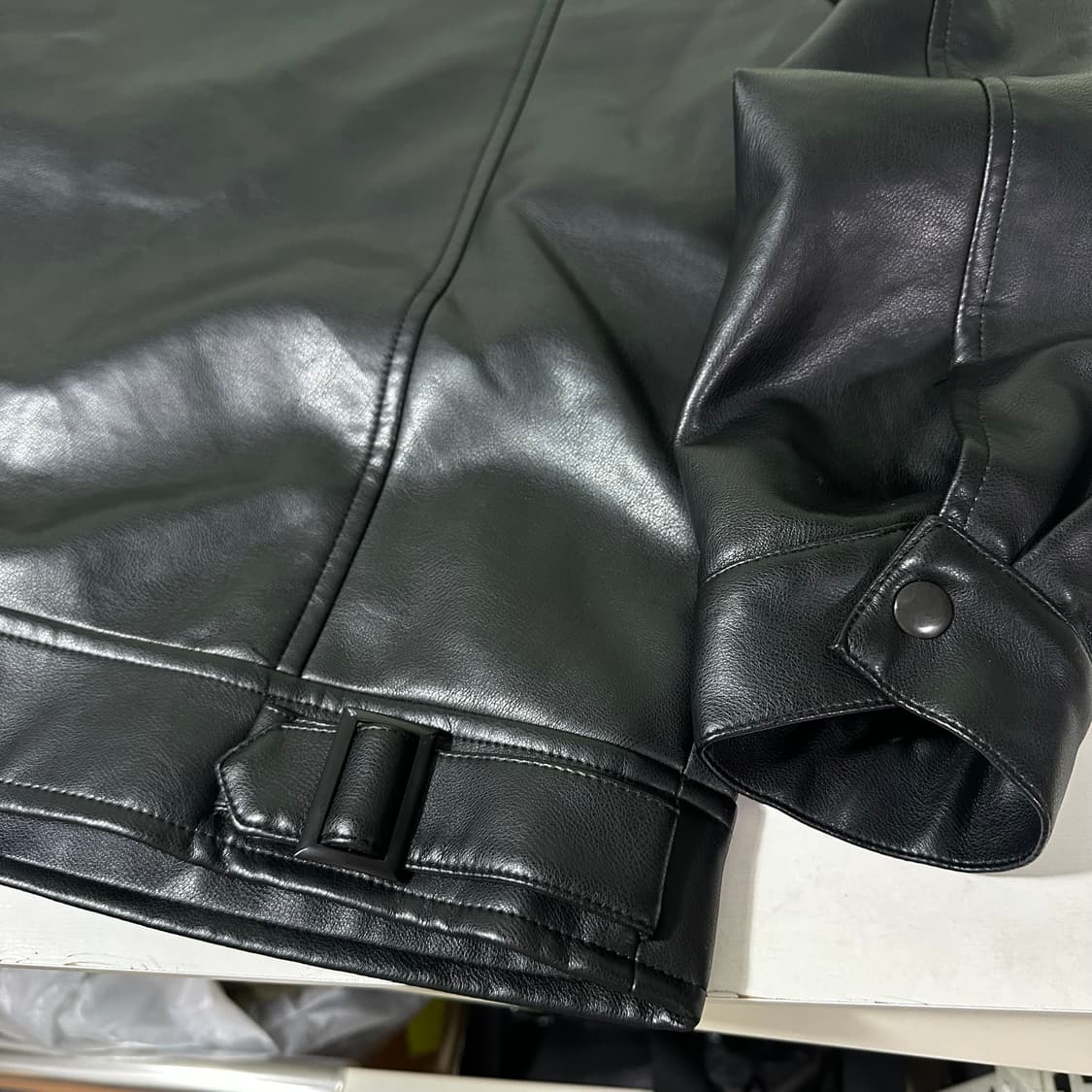 M 라퍼지스토어 블랙 오버핏 투웨이 카라넥 레더자켓 상품이미지5