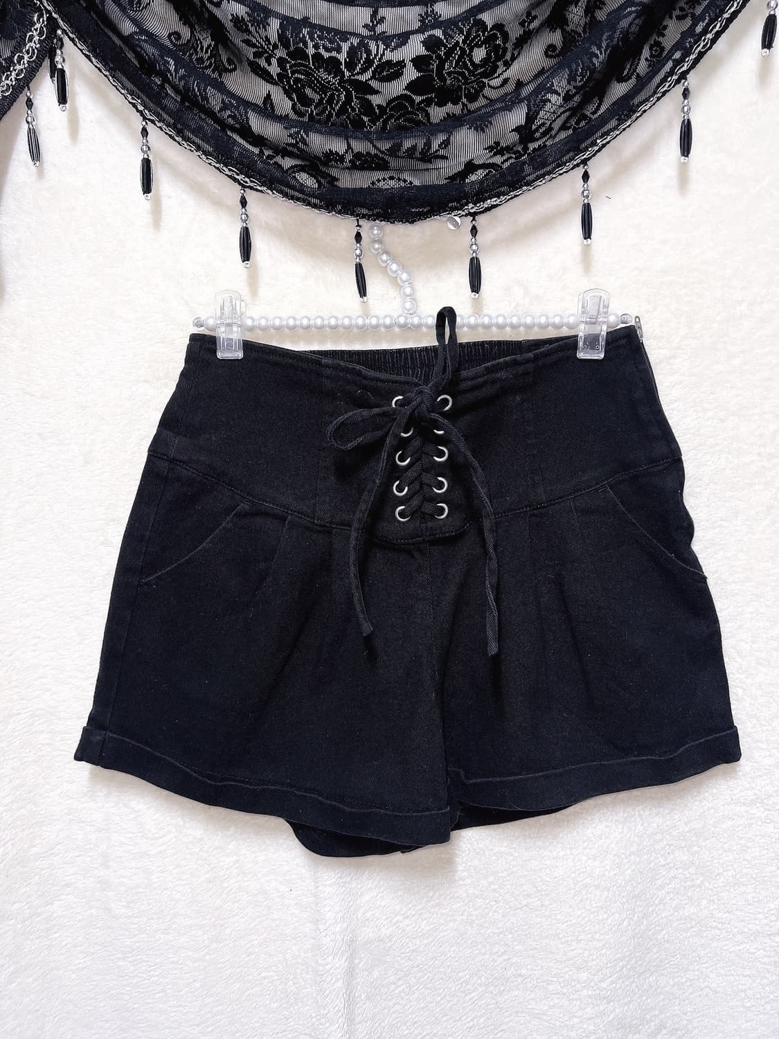 오네갸루 고스펑크 블랙 레이스업 아일렛 하이웨스크 반바지 숏팬츠 y2k 상품이미지9