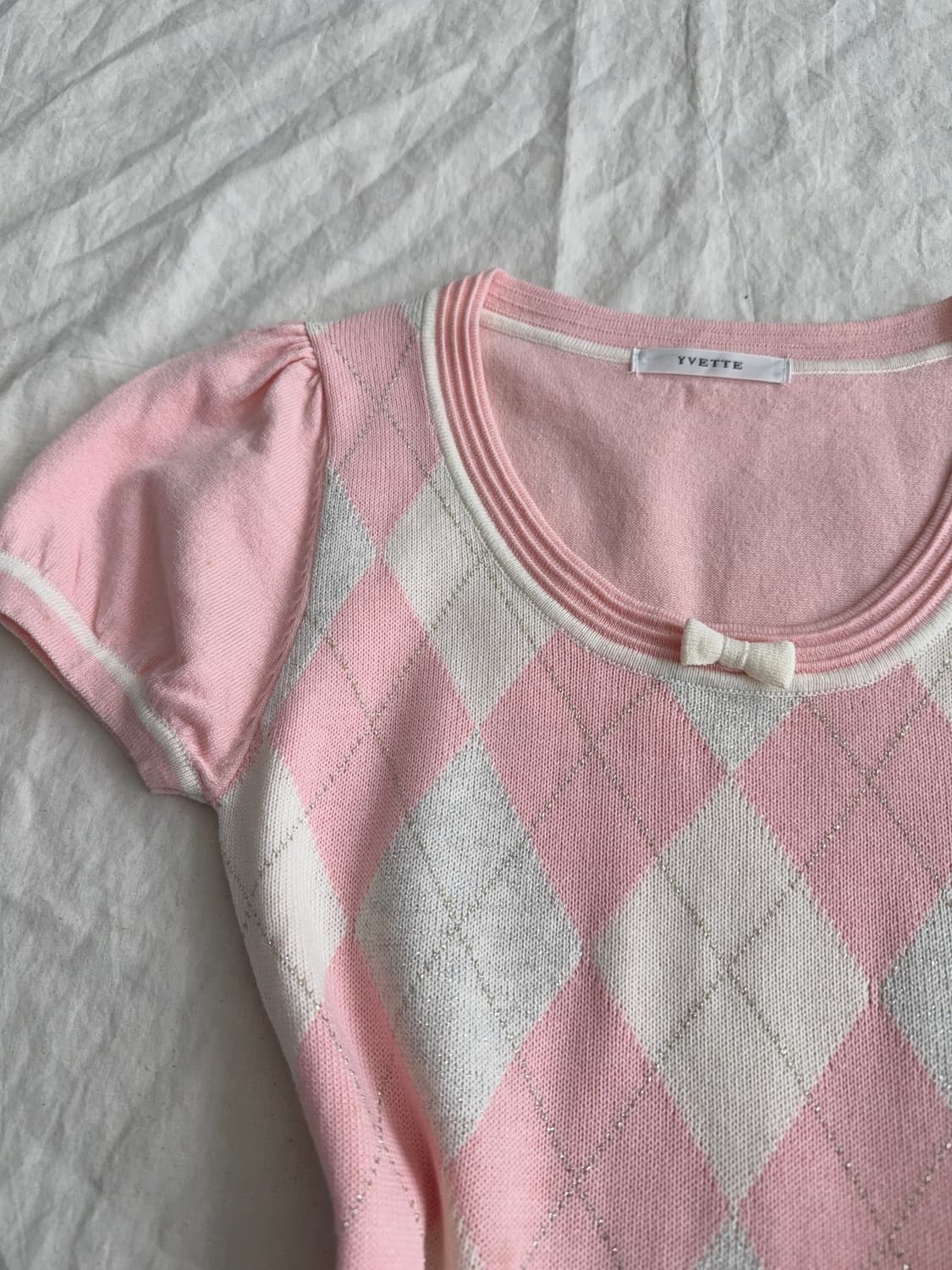 베이비 핑크 로걀 딱붙 아가일 반팔 니트 탑 상품이미지2