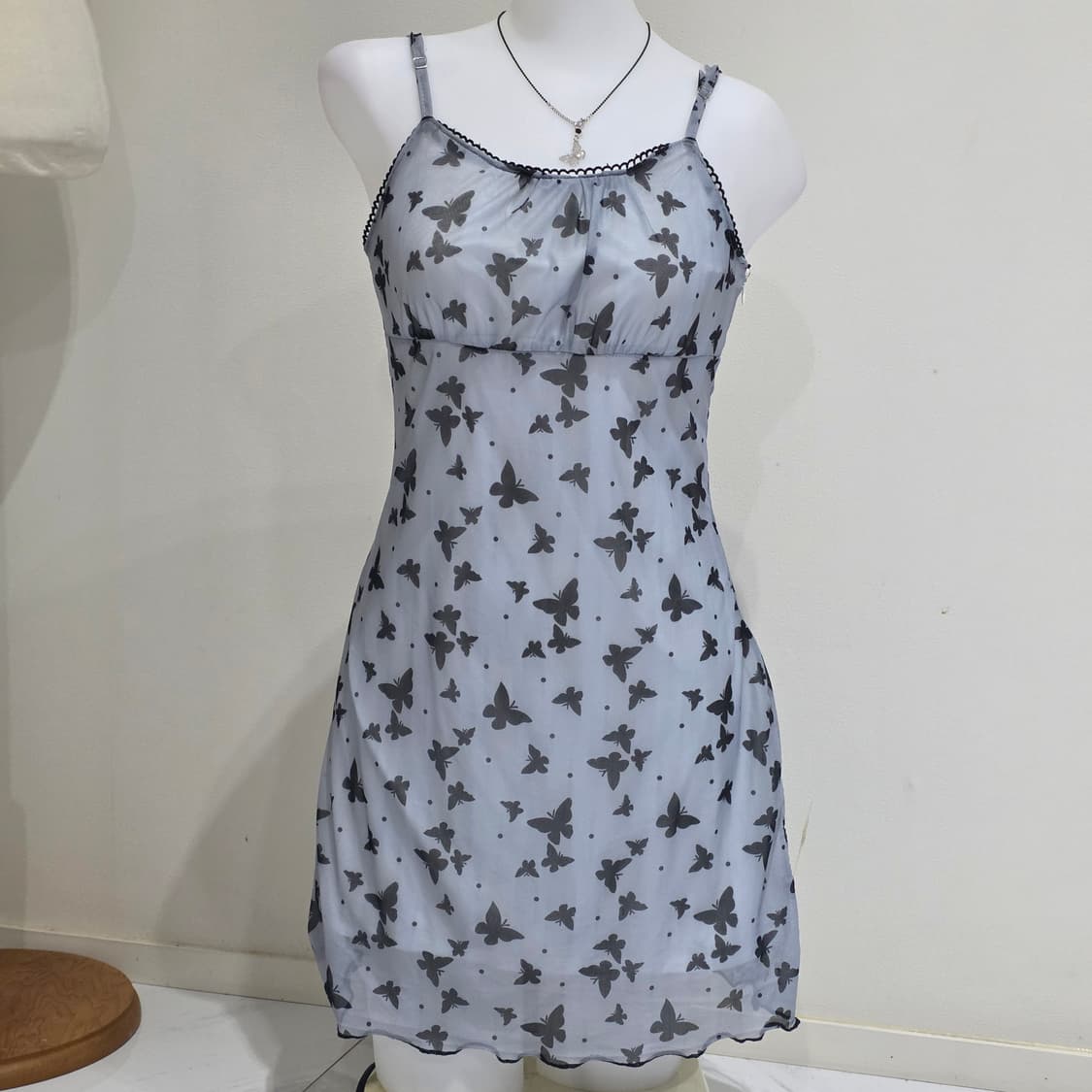 빈티지)블루x블랙 버터플라이 백예린깔 y2k오네갸루 딱붙메쉬여름원피스 상품이미지3