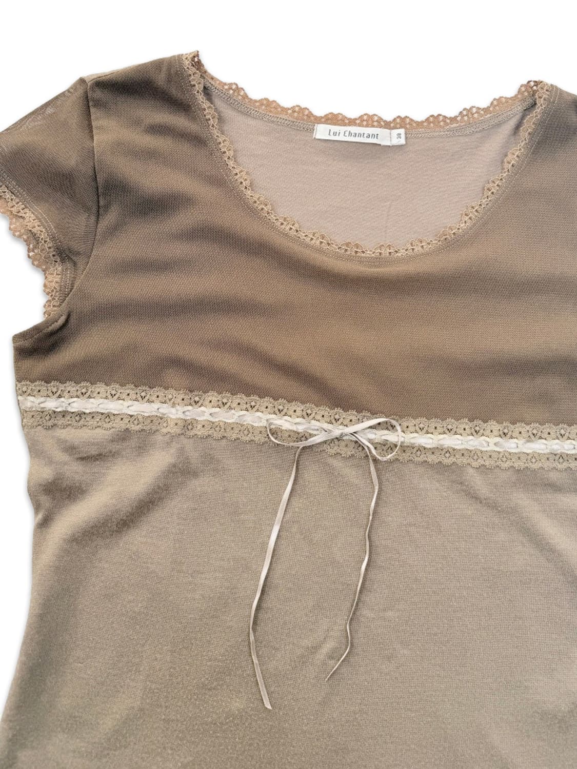 빈티지 베이지 브라운 리본 반팔티 상품이미지2
