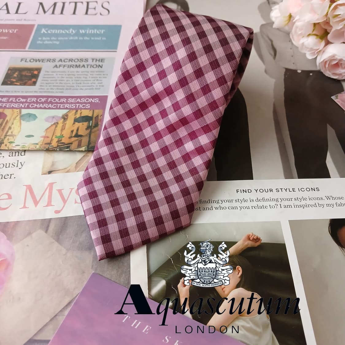 아쿠아스큐텀 실크 퍼플 체크 패턴 넥타이 7.8cm A+등급 A19726 상품이미지2
