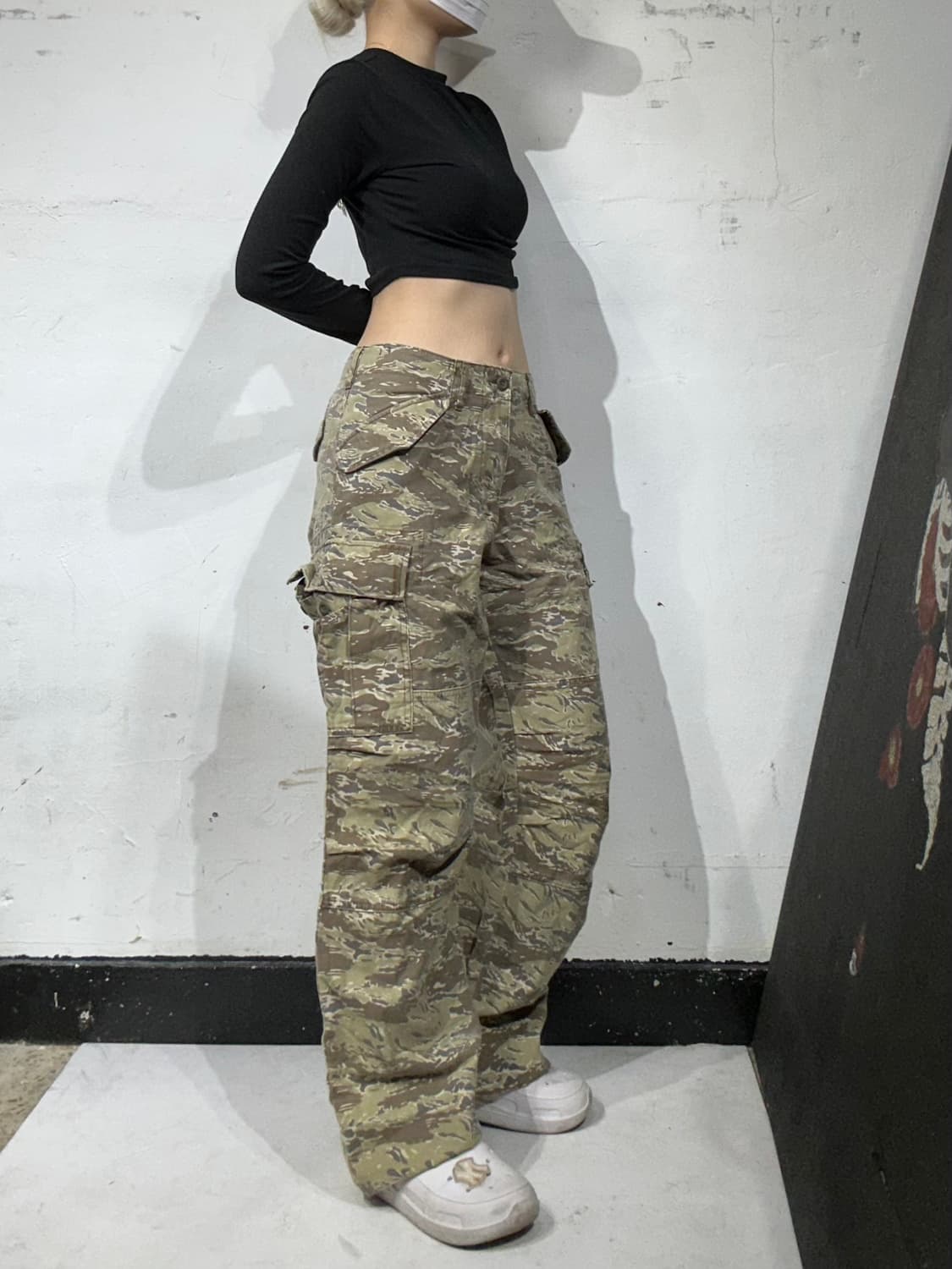 일본 빈티지 베이지 와이드 밀리터리 카모 카고 팬츠 S 상품이미지1