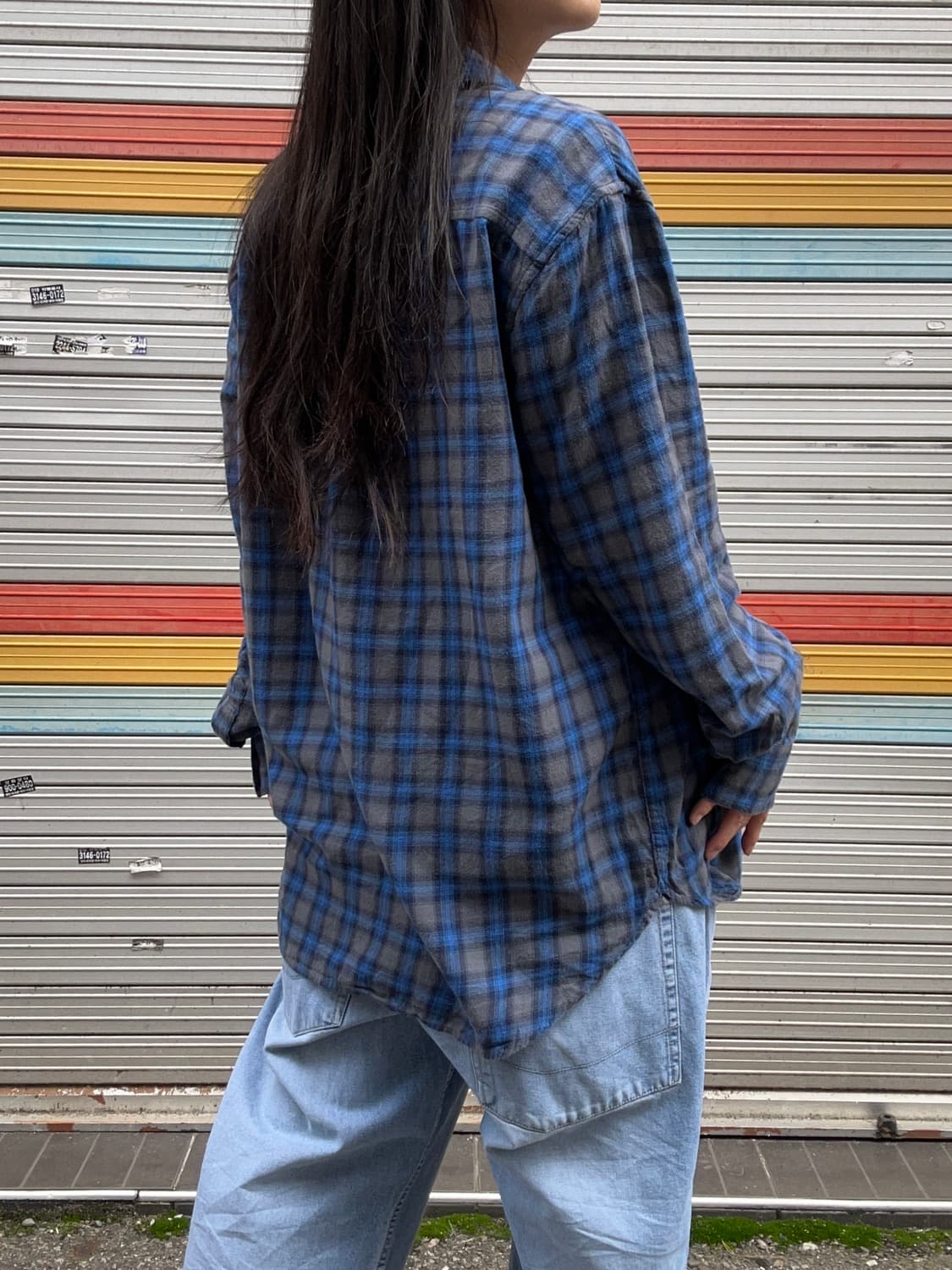 90s 빈티지 블루 플란넬 체크셔츠 상품이미지3