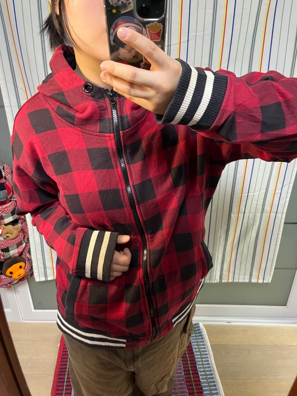 One after99 레드 체크 후드집업 상품이미지3