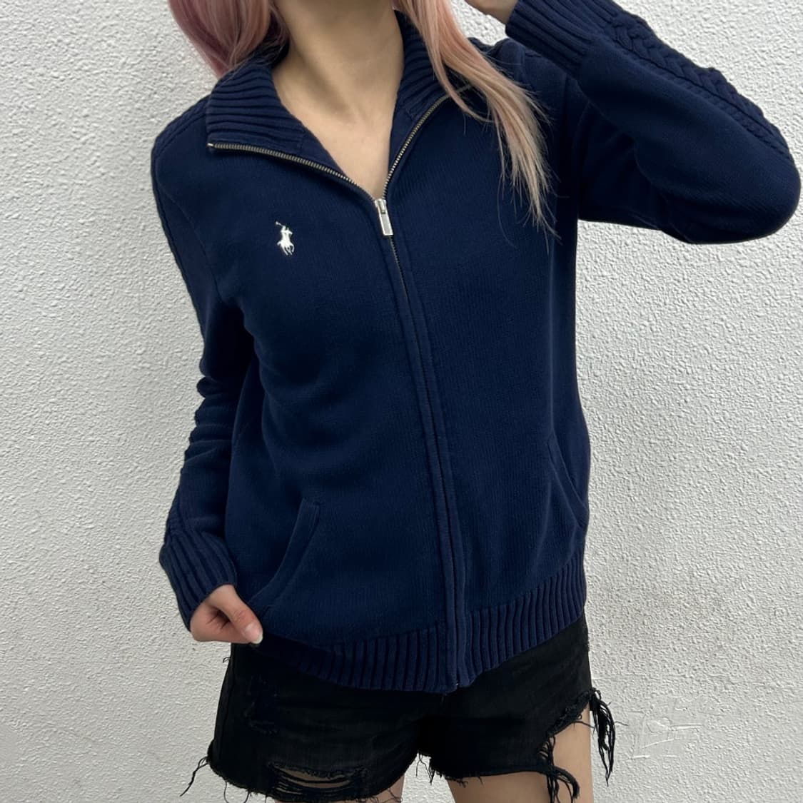 폴로 랄프로렌 화이트포니 네이비 꽈배기 니트 집업 M 상품이미지1